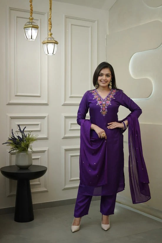 DHWANIX LOOK Women Embroidered Vichitra Silk Kurta Pant Set with Chanderi Dupatta | Purple Ethnic Wear | Festive & Party Wear Kurta Set