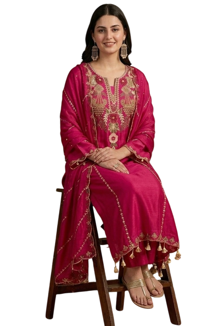 Women’s Embroidered Viscose Chanderi Kurta Set with Dupatta