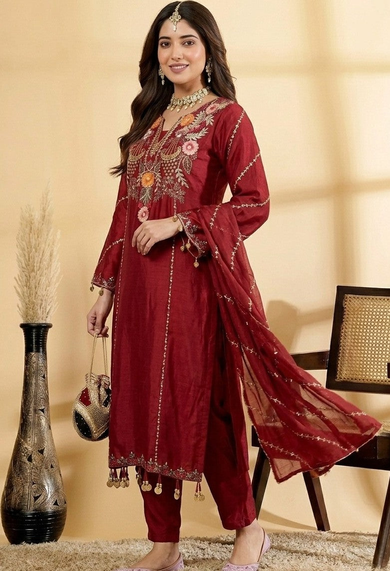 Women’s Embroidered Viscose Chanderi Kurta Set with Dupatta