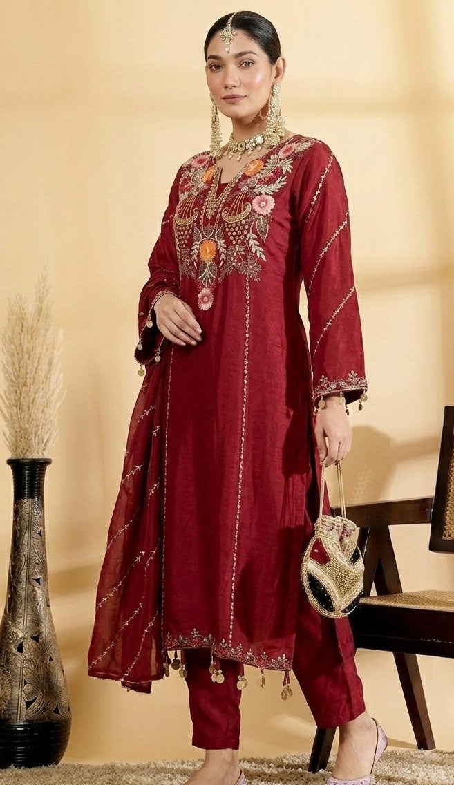Women’s Embroidered Viscose Chanderi Kurta Set with Dupatta