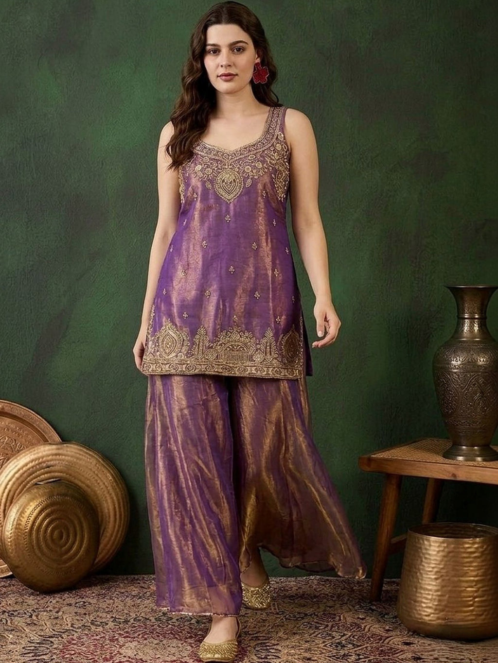 DHWANIX LOOK Women's Embroidered Satin Kurta Sharara Set with Dupatta | Purple | Festive, Wedding & Party Wear
