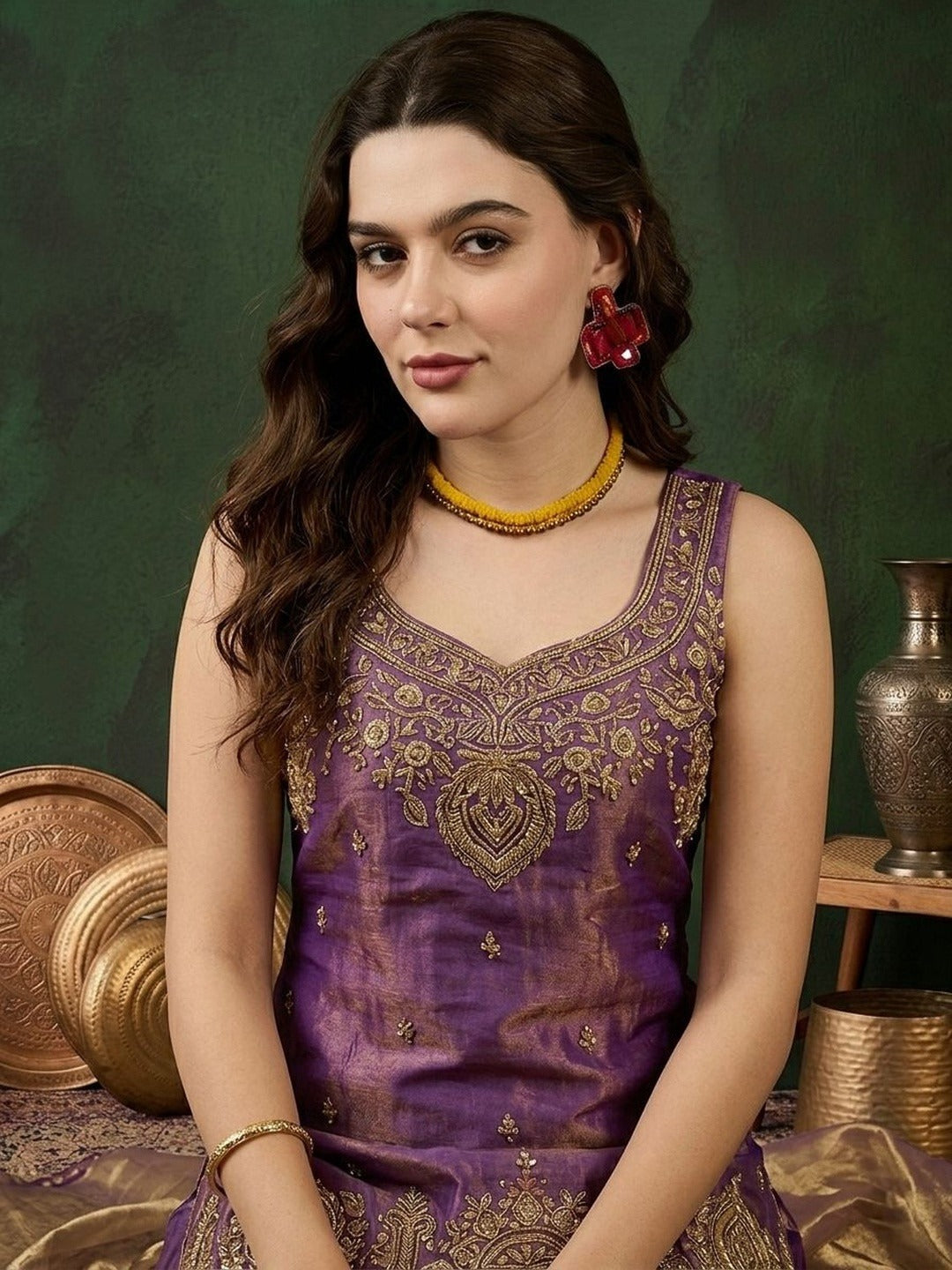 DHWANIX LOOK Women's Embroidered Satin Kurta Sharara Set with Dupatta | Purple | Festive, Wedding & Party Wear