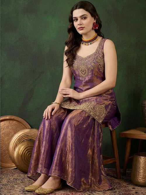 DHWANIX LOOK Women's Embroidered Satin Kurta Sharara Set with Dupatta | Purple | Festive, Wedding & Party Wear