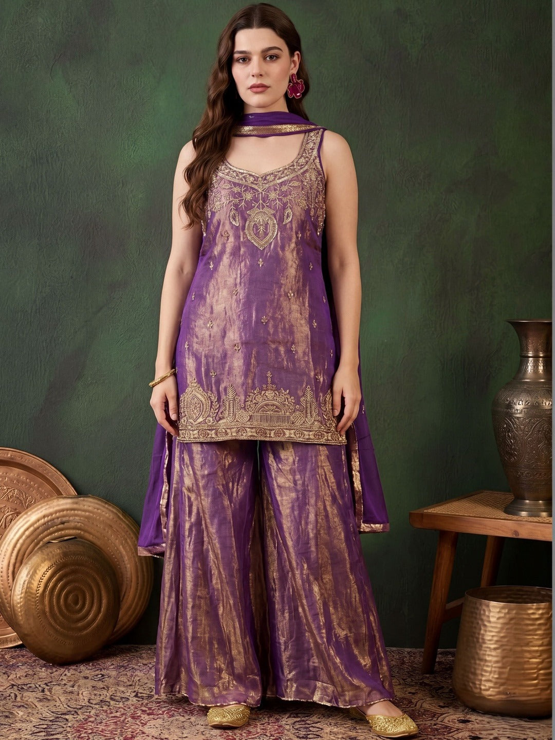 DHWANIX LOOK Women's Embroidered Satin Kurta Sharara Set with Dupatta | Purple | Festive, Wedding & Party Wear